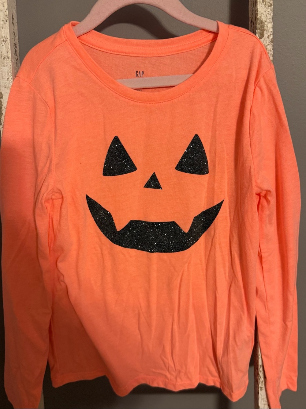 GAP Bright Orange Long-Sleeve Tee with Black Glitter Jack-O'-Lantern